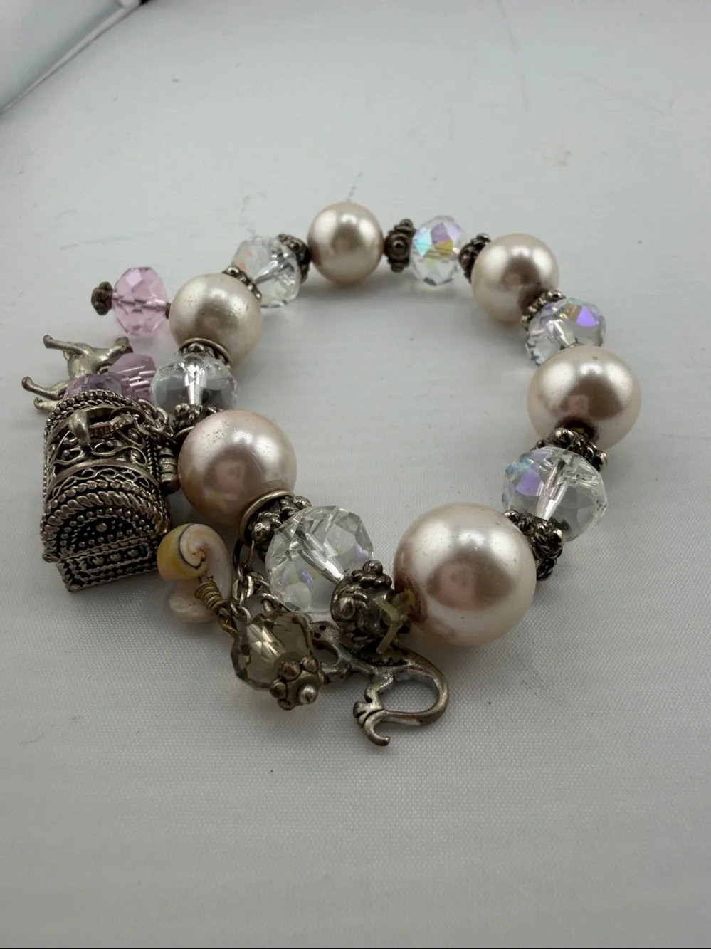 Vintage Faux Pearl Crystal Charm Bracelet Treasure Chest Dog Lizard Bracelet